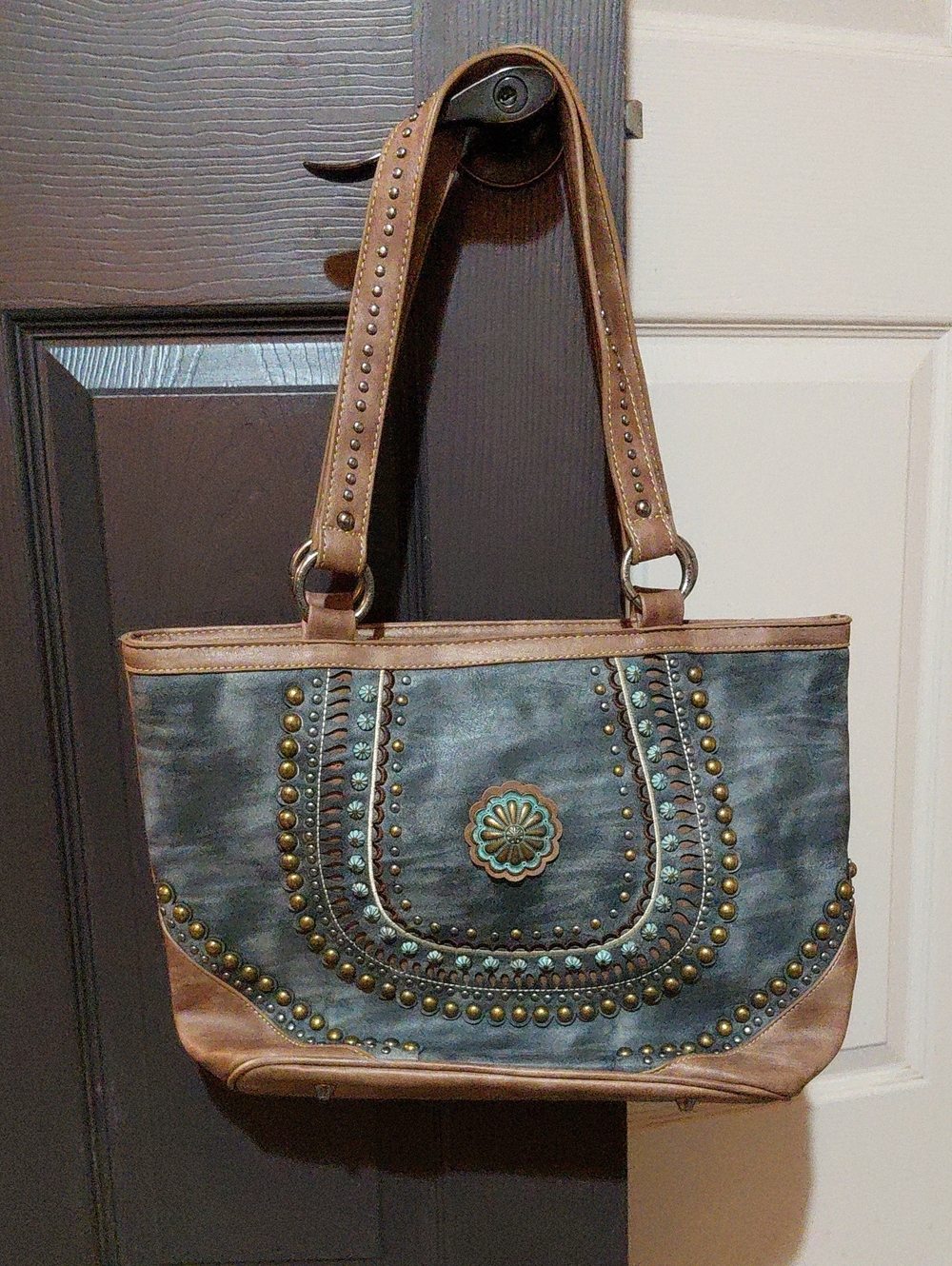 Montana West Teal and Brown Studded Floral Tote